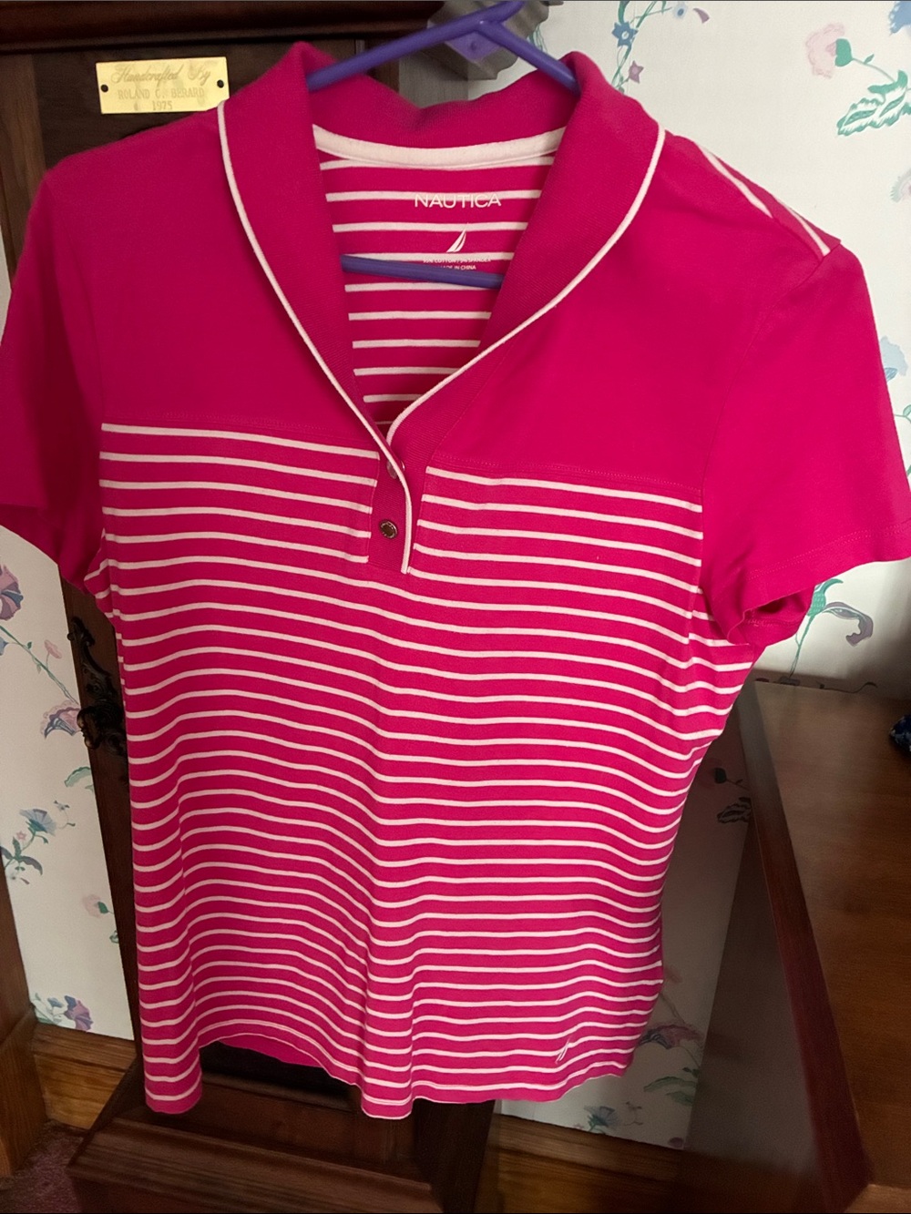 Nautica Hot Pink and White Striped Short Sleeve Polo